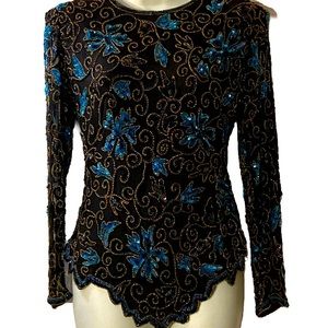 Laurence Kazar Navy Blue Silk Beaded Sequined Festive Evening Formal Top S VTG